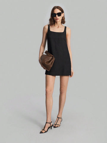 Ontre Women's Fashionable Simple Solid Color Square Neckline Cami Dress