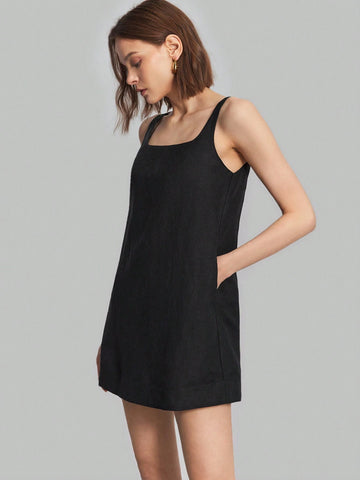 Ontre Women's Fashionable Simple Solid Color Square Neckline Cami Dress
