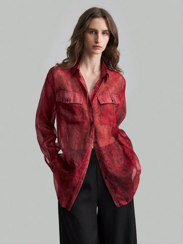 Ontre Women's Front Button Long Sleeve Pocket Minimalist Shirt-Collar Blouse, Casual Everyday