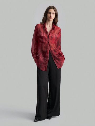 Ontre Women's Front Button Long Sleeve Pocket Minimalist Shirt-Collar Blouse, Casual Everyday