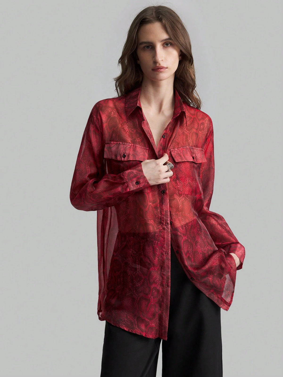 Ontre Women's Front Button Long Sleeve Pocket Minimalist Shirt-Collar Blouse, Casual Everyday