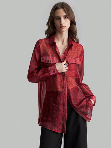 Ontre Women's Front Button Long Sleeve Pocket Minimalist Shirt-Collar Blouse, Casual Everyday