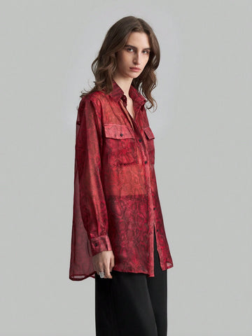 Ontre Women's Front Button Long Sleeve Pocket Minimalist Shirt-Collar Blouse, Casual Everyday