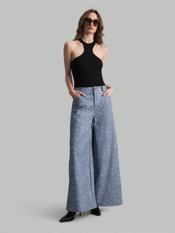 Ontre Women's Front Button Pocket Faded Blue Denim Print Extra Long Casual Pants