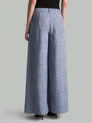 Ontre Women's Front Button Pocket Faded Blue Denim Print Extra Long Casual Pants