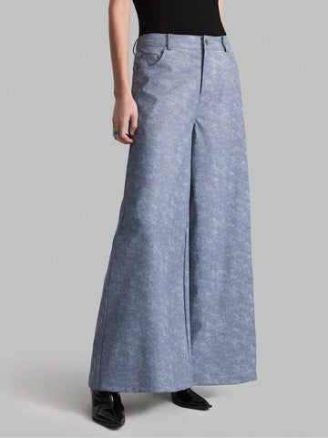 Ontre Women's Front Button Pocket Faded Blue Denim Print Extra Long Casual Pants