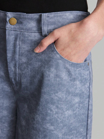 Ontre Women's Front Button Pocket Faded Blue Denim Print Extra Long Casual Pants