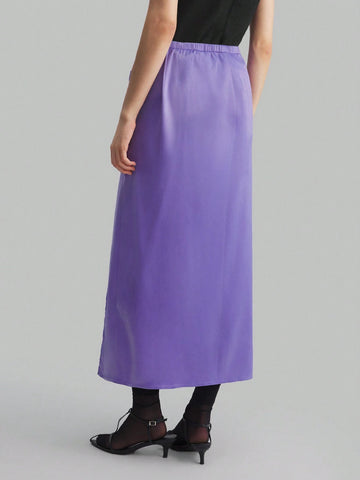 Ontre Women's Purple Metallic U Shape Waist Pleated & Slit Skirt, Elegant & Versatile