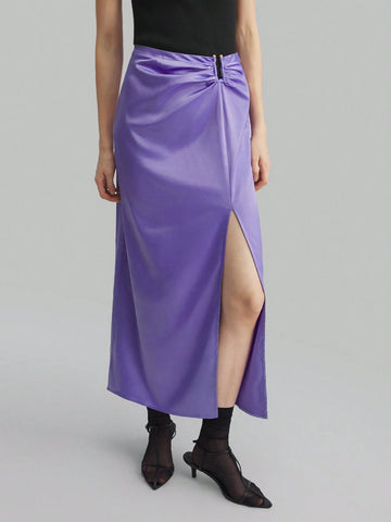 Ontre Women's Purple Metallic U Shape Waist Pleated & Slit Skirt, Elegant & Versatile