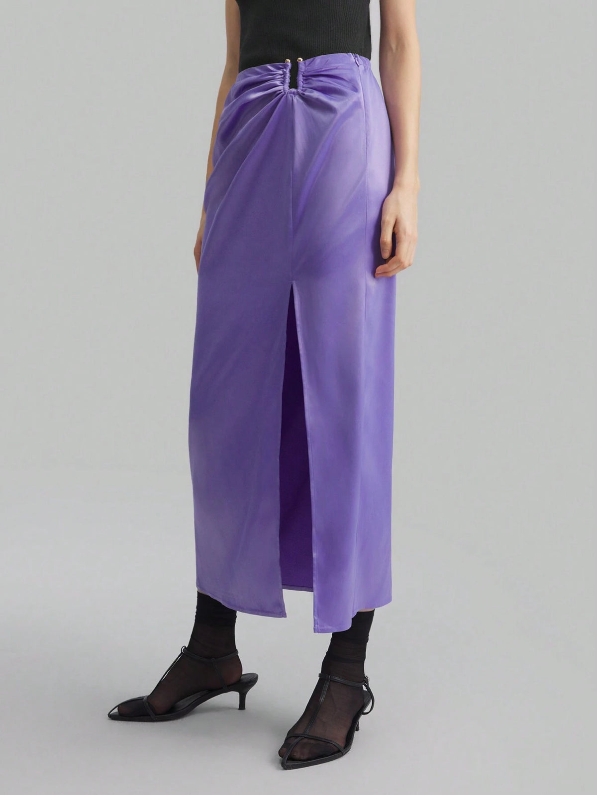 Ontre Women's Purple Metallic U Shape Waist Pleated & Slit Skirt, Elegant & Versatile