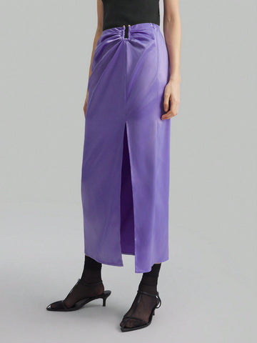 Ontre Women's Purple Metallic U Shape Waist Pleated & Slit Skirt, Elegant & Versatile