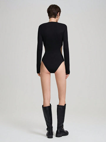 Ontre Women's Sexy Personalised Side Hollow Out Bodysuit, Round Neck Long Sleeve, Form Fitting