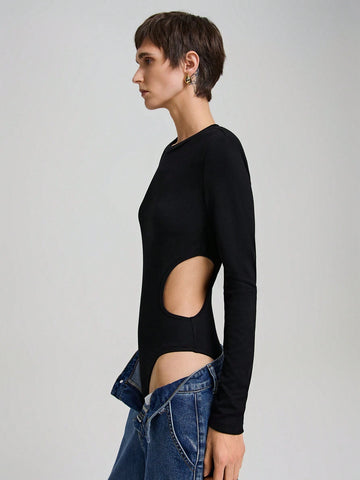 Ontre Women's Sexy Personalised Side Hollow Out Bodysuit, Round Neck Long Sleeve, Form Fitting
