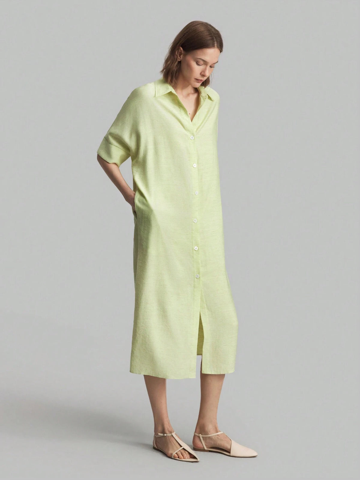 Ontre Women's Solid Color Button Front Pocket Casual Dress