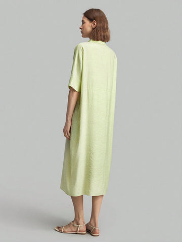 Ontre Women's Solid Color Button Front Pocket Casual Dress