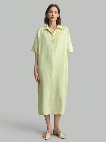 Ontre Women's Solid Color Button Front Pocket Casual Dress