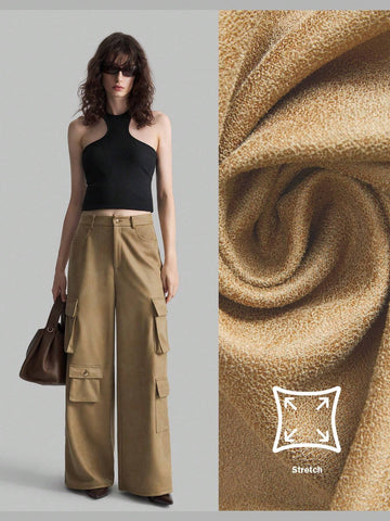 Ontre Women's Solid Color Front Button Simple Pockets Casual Cargo Pants