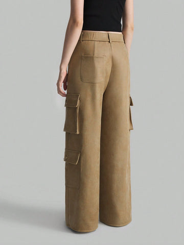 Ontre Women's Solid Color Front Button Simple Pockets Casual Cargo Pants