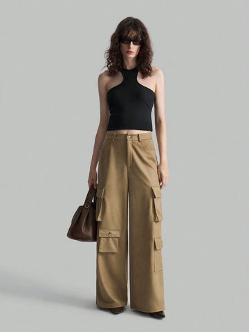 Ontre Women's Solid Color Front Button Simple Pockets Casual Cargo Pants
