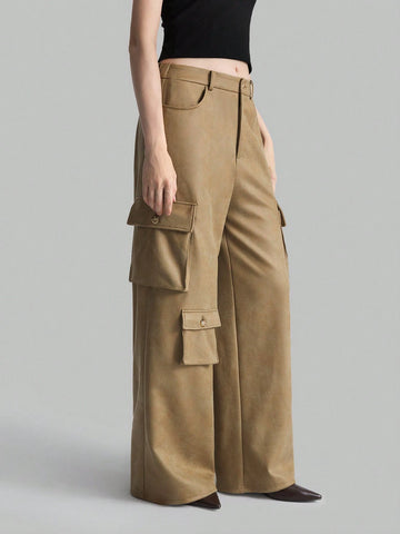 Ontre Women's Solid Color Front Button Simple Pockets Casual Cargo Pants