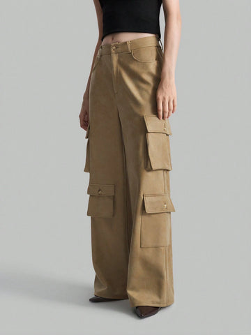 Ontre Women's Solid Color Front Button Simple Pockets Casual Cargo Pants
