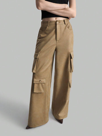 Ontre Women's Solid Color Front Button Simple Pockets Casual Cargo Pants