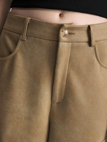 Ontre Women's Solid Color Front Button Simple Pockets Casual Cargo Pants