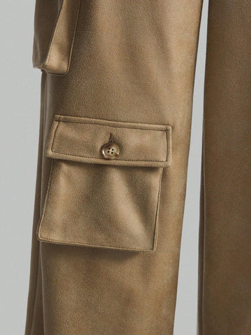 Ontre Women's Solid Color Front Button Simple Pockets Casual Cargo Pants