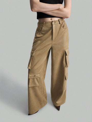 Ontre Women's Solid Color Front Button Simple Pockets Casual Cargo Pants