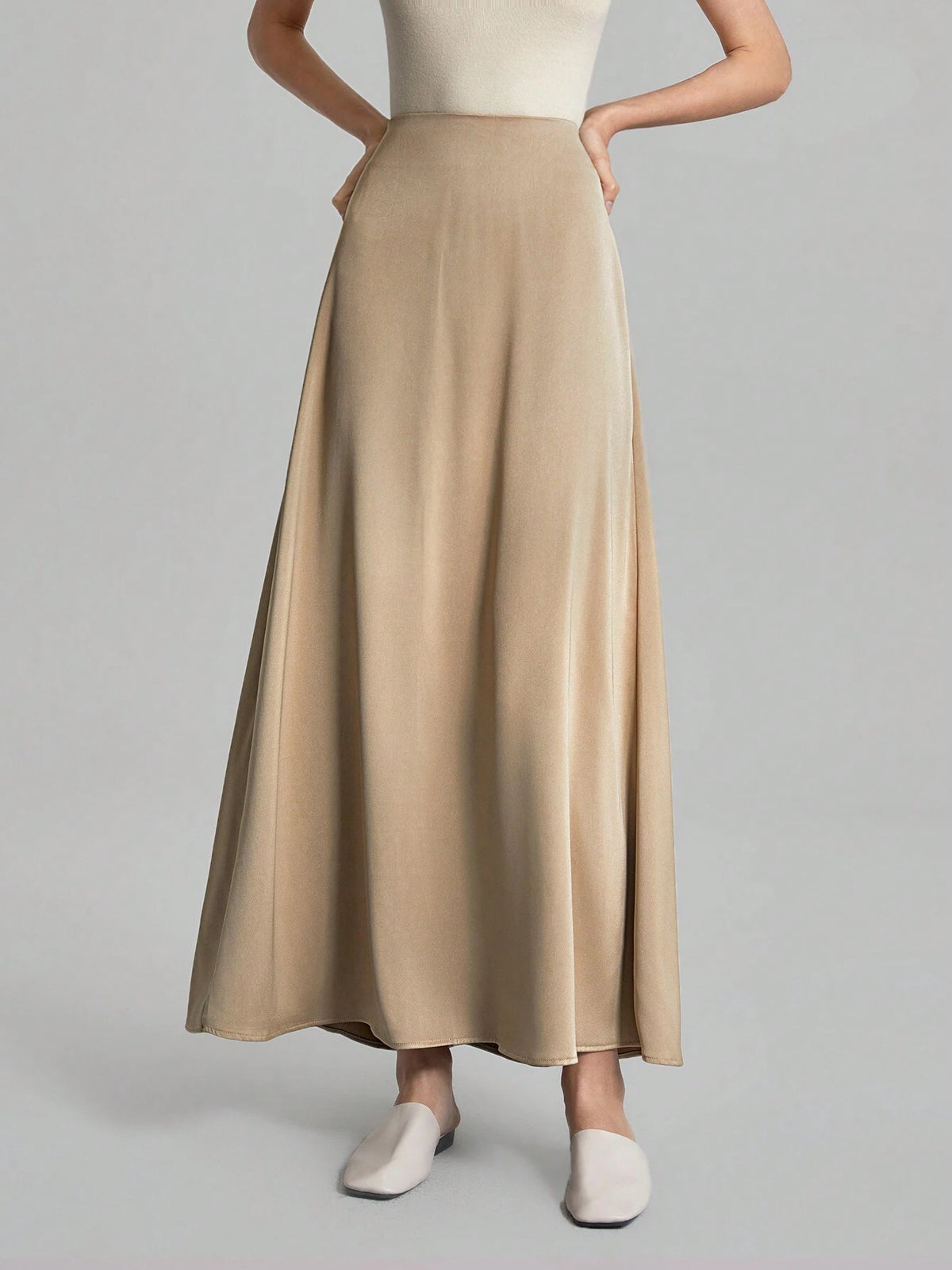 Ontre Women's Solid Color High-Waisted Satin Draping Skirt In Khaki