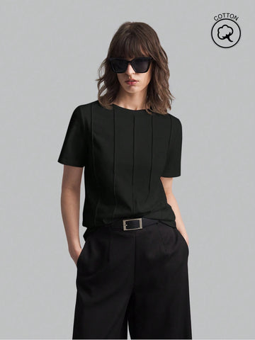 Women's Solid Color Minimalist Daily Wear Round Neck Short Sleeve T-Shirt, Black, Casual Loose Fi