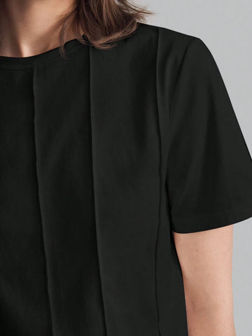 Women's Solid Color Minimalist Daily Wear Round Neck Short Sleeve T-Shirt, Black, Casual Loose Fi