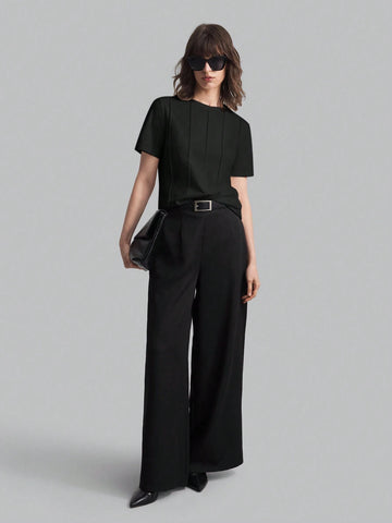 Women's Solid Color Minimalist Daily Wear Round Neck Short Sleeve T-Shirt, Black, Casual Loose Fi