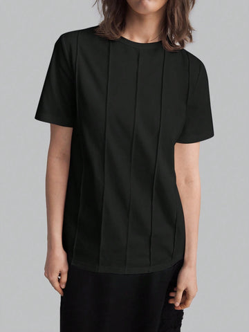 Women's Solid Color Minimalist Daily Wear Round Neck Short Sleeve T-Shirt, Black, Casual Loose Fi