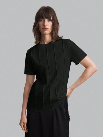 Women's Solid Color Minimalist Daily Wear Round Neck Short Sleeve T-Shirt, Black, Casual Loose Fi