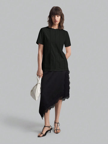 Women's Solid Color Minimalist Daily Wear Round Neck Short Sleeve T-Shirt, Black, Casual Loose Fi