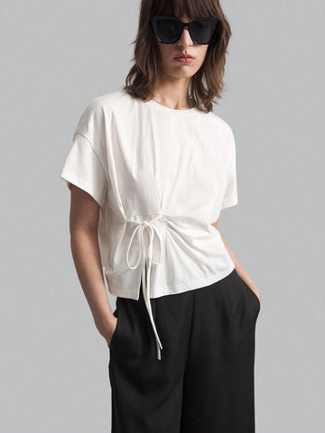 Women's Solid Color Round Neck Drop Shoulder Short Sleeve Drawstring Waist Casual T-Shirt, White