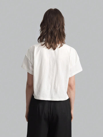 Women's Solid Color Round Neck Drop Shoulder Short Sleeve Drawstring Waist Casual T-Shirt, White