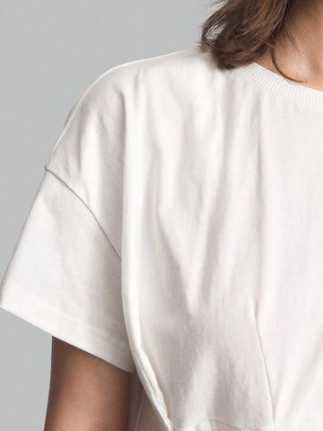 Women's Solid Color Round Neck Drop Shoulder Short Sleeve Drawstring Waist Casual T-Shirt, White