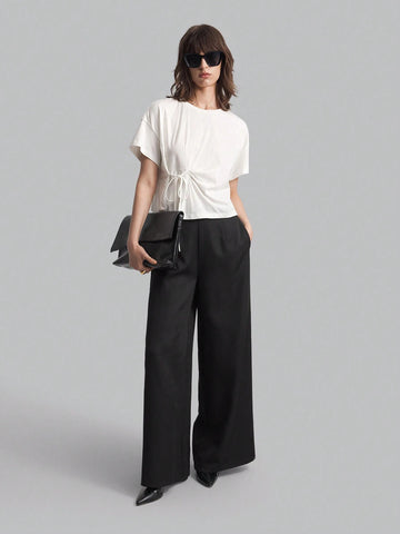 Women's Solid Color Round Neck Drop Shoulder Short Sleeve Drawstring Waist Casual T-Shirt, White