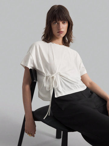 Women's Solid Color Round Neck Drop Shoulder Short Sleeve Drawstring Waist Casual T-Shirt, White