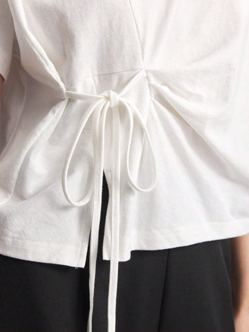 Women's Solid Color Round Neck Drop Shoulder Short Sleeve Drawstring Waist Casual T-Shirt, White