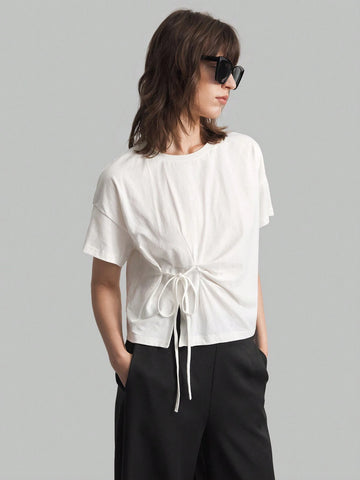 Women's Solid Color Round Neck Drop Shoulder Short Sleeve Drawstring Waist Casual T-Shirt, White