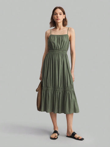 Ontre Women's Solid Color Ruffle Hem Casual Cami Dress For Summer