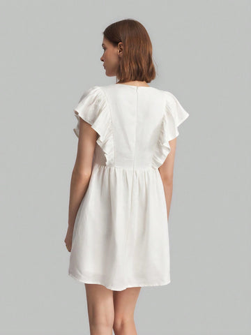 Ontre Women's Solid Color Simple Daily V-Neck Dress