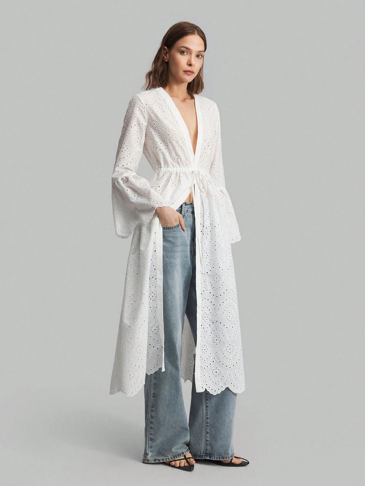 Ontre Women's Solid Color Tie Waist Burnout Flare Sleeve Casual Dress