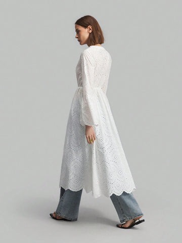Ontre Women's Solid Color Tie Waist Burnout Flare Sleeve Casual Dress