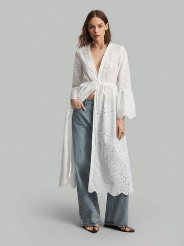 Ontre Women's Solid Color Tie Waist Burnout Flare Sleeve Casual Dress
