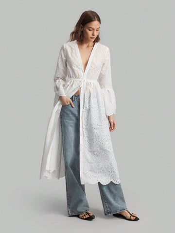 Ontre Women's Solid Color Tie Waist Burnout Flare Sleeve Casual Dress