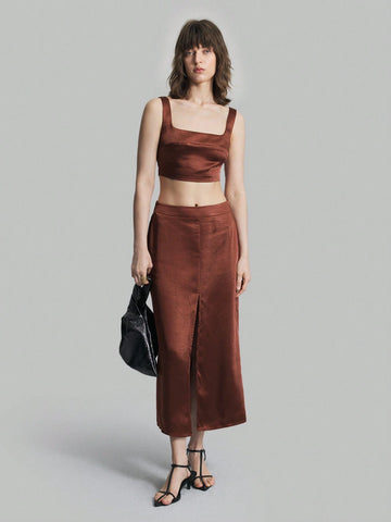 Ontre Women's Solid Color Wide Shoulder Strap Vest And High Split Thigh Summer Elegant 2pcs Set